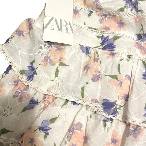 NWT Zara Skirt Womens XL Floral Tiered Ruffles Eyelet Lace Boho Cottage Festival - Picture 7 of 15
